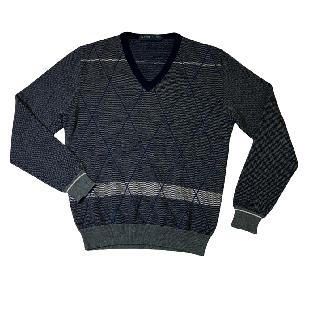 Etro Milano mens M Medium blue argyle plaid 100% wool v-neck pullover sweater